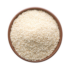 Sesame seeds in bowl on white background, top view
