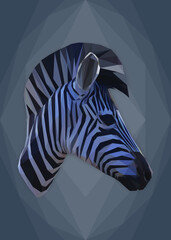 Geometrical, low poly, illlustration of a zebra head side view isolated on a blue grey background