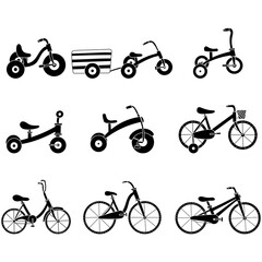 Silhouette collection with kid bike for healthy lifestyle design. Black and white illustration.