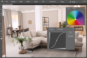 Professional photo editor application. Image of modern living room interior