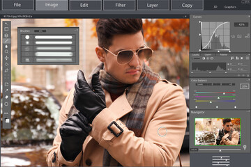 Professional photo editor application. Image of handsome stylish man