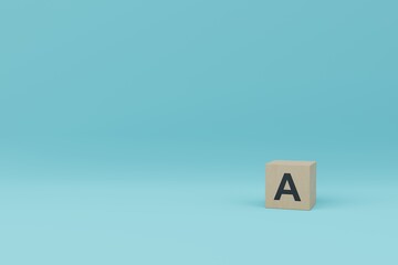 One wooden dice with A letter printed on its one side, viewed in close-up with shadow on blue background and with copy space 3D rendering