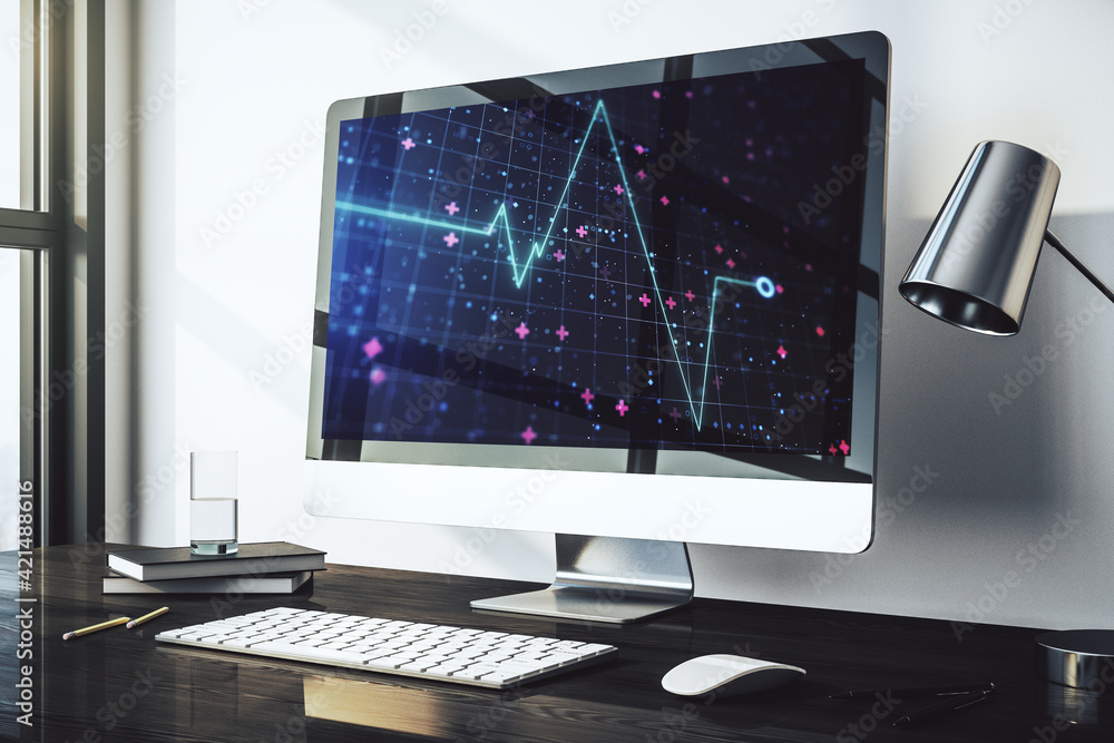 Poster Modern computer monitor with creative abstract heart rate hologram. Healthcare technolody concept. 3D Rendering