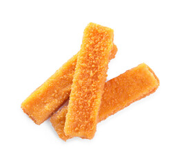Fresh breaded fish fingers on white background, top view