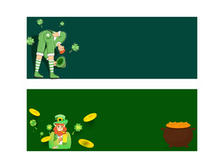 Cartoon Leprechaun Man Character With Clover Leaves, Treasure Pot And Space For Text On Green Background. Header Or Banner Design.