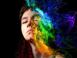 Multicolor abstract portrait of young woman on subject of creativity, imagination and art.