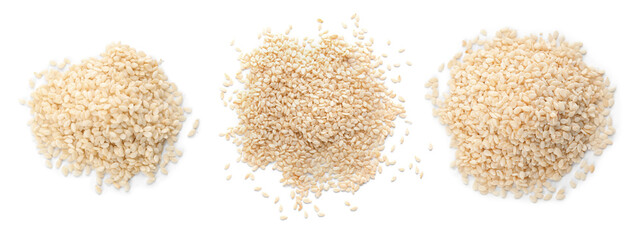 Set with sesame seeds on white background, top view. Banner design