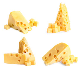 Set with pieces of delicious cheese on white background