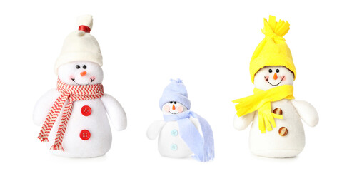 Set with cute small snowman toys on white background. Banner design