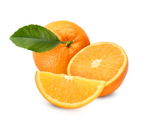 Fototapeta na wymiar Tasty fresh ripe oranges on white background