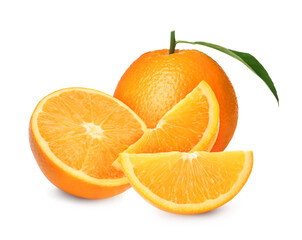 Tasty fresh ripe oranges on white background