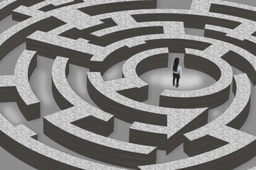 Thoughtful businesswoman trying to find way out of maze