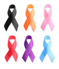 Collection of different color ribbons on white background. World Cancer Day