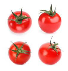 Set with fresh organic cherry tomatoes on white background
