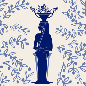 Illustrated ceramic tile. Woman dressed in the style of ancient Greece, sitting on a tripod and carrying an amphora with olive branches on her head