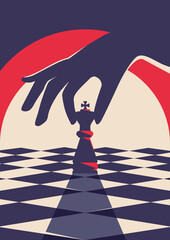 Poster template with hand holding chess piece. Strategy concept art in flat design.