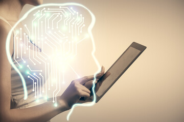 Double exposure of brain sketch hologram and woman holding and using a mobile device.