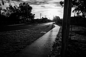 Black and white street at sunset