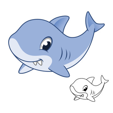 Cute Happy Shark Inflatable Ride On Bouncer with Line Art Drawing, Aquatic and Marine Life, Vector Character Illustration Mascot Logo in Isolated White Background.