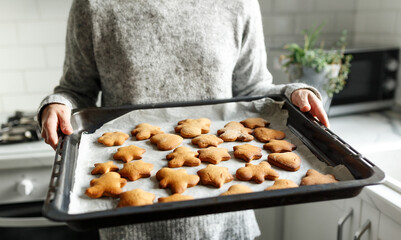 Woman in grey sweater baking ginger breads,holding the baking tray. Christmas holiday fun.