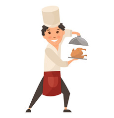 Child in a cook cap holding dish with food. Logo design template for baby food. Character child waiter illustration