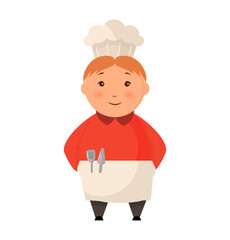 Child in a cook cap stands flat. Logo design template for baby food. Character child chef profession illustration