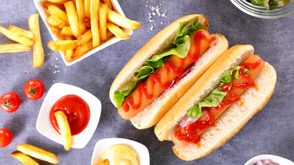 hot dog with french fries and sauce