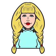 Blond girl with pigtails and lipstick. Comic avatar.