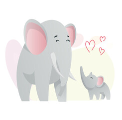 Two elephant look at each other. Animals mom and baby. Cartoons cute animals in flat style. Print for clothes.  illustration