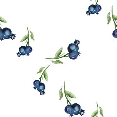 seamless pattern with forest botany. Watercolor background with blueberry, leaves, berries and Black currant for design, fabric, paper, wallpaper, packaging. Hand drawn illustration. honeysuckle 