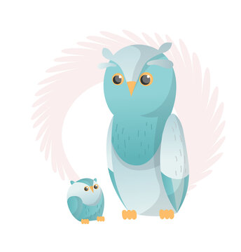 Two owl look at each other. Animals mom and baby. Cartoons cute animals in flat style. Print for clothes.  illustration