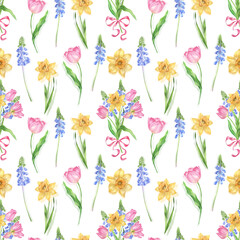 Watercolor seamless patterns. Spring digital paper with flowers and leaves. Tulips, daffodils,hyacinth. Wrapping paper, scrapbooking