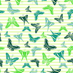 Flying butterfly silhouettes over striped background vector seamless pattern.