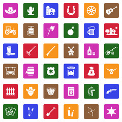 Cowboy Icons. White Flat Design In Square. Vector Illustration.