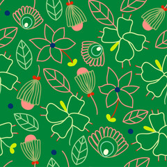 Floral decorative vector seamless pattern with abstract lines flowers in minimalistic style on green background. Cute hand-drawn botanical repeated background for fabric design.