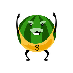 Sport strong watermelon character. Funny fruit food on sport exercises, fitness vitaminic human healthy nutrition  illustration