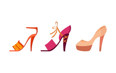 Set with different types of trend womens shoes. Color decorative design. Use for advertising shoe store or website. Flat  illustration