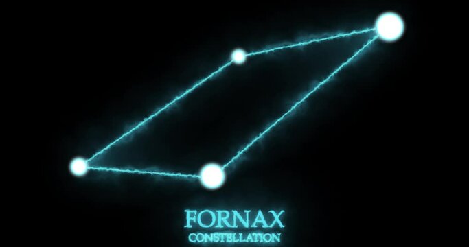 Fornax constellation. Light rays, laser light shining blue color. Stars in the night sky. Brightest stars: Alpha, Beta and Nu Fornacis. Horizontal composition, 4k video quality