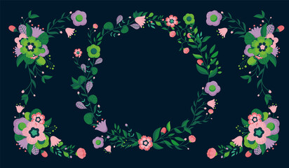 Fototapeta na wymiar Dark floral frame backgrounds - Flowers and wreath decorative elements. Vector illustration.