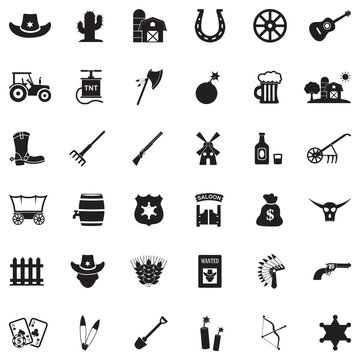 Cowboy Icons. Black Flat Design. Vector Illustration.