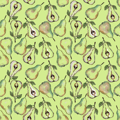 Watercolor pattern of pears on a light green background.