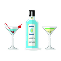 Vector illustration of alcohol drinks and glass on white background. Tequila bottle and shot.