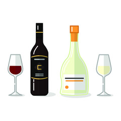 Vector illustration of alcohol drinks and glass on white background. Champagne and wine bottles and glasses.