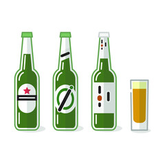 Vector illustration of alcohol drinks and glass on white background. Beer bottles, canes and beer glasses. 