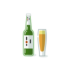 Vector illustration of alcohol drinks and glass on white background. Beer bottles, canes and beer glasses. 