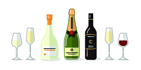 Vector illustration of alcohol drinks and glass on white background. Champagne and wine bottles.