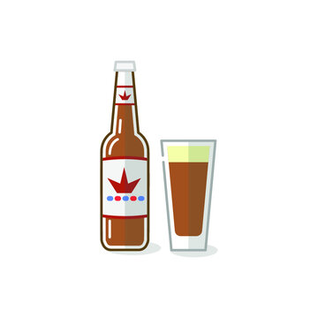 Vector illustration of alcohol drinks and glass on white background. Beer bottles, canes and beer glasses. 