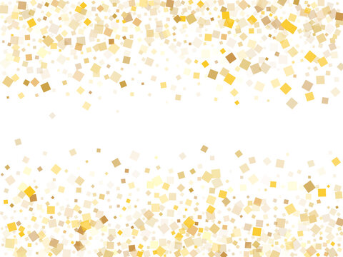 Birthday gold square confetti sparkles scatter on white. VIP holiday vector sequins background. Gold foil confetti party elements isolated. Many pieces surprise backdrop.