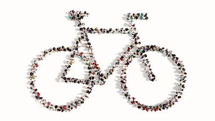 Concept or conceptual large community of people forming an image of a bicycle on white background. A 3d illustration metaphor for recreation,  health, sport, ecological transportation or work
