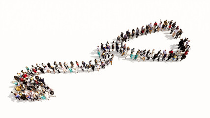 Concept or conceptual large gathering  of people forming an image of a stethoscope on white background.  A 3d illustration metaphor for a checkup, treatment, medicine, health and care